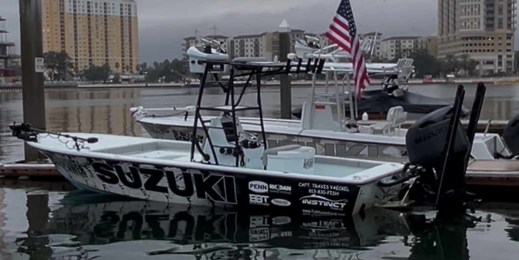Canyon Bay pro staff suzuki wrapped boat marina